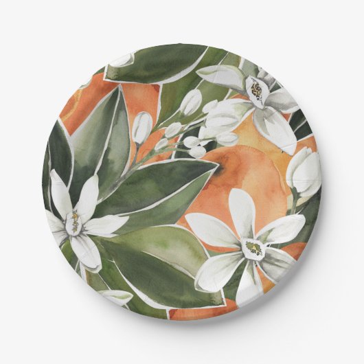Waterverf Tropisch Oranje en bloemen Papieren Bordje (Voorkant)