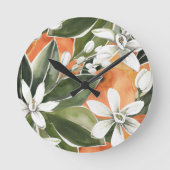 Waterverf Tropisch Oranje en bloemen Ronde Klok (Voorkant)