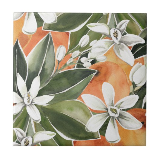 Waterverf Tropisch Oranje en bloemen Tegeltje (Voorkant)