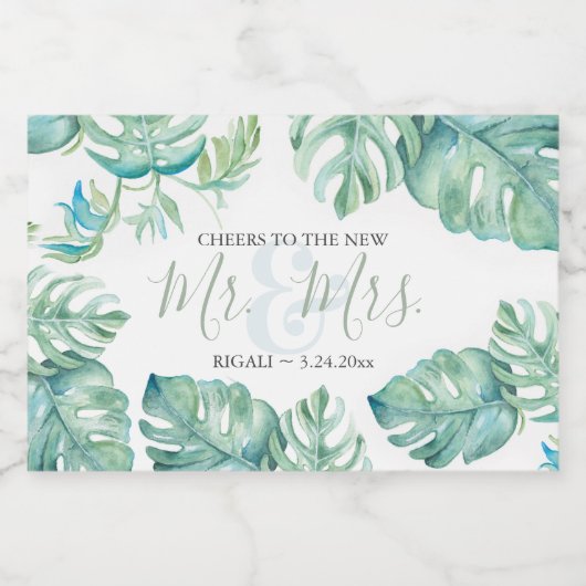 Waterverf Tropisch palm trekt bruiloft op Sparkling Wijnetiket (Enkel label)