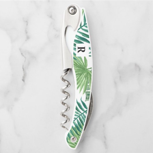 Waterverf Tropisch palmgroen monogram Kurkentrekker (Voorkant)