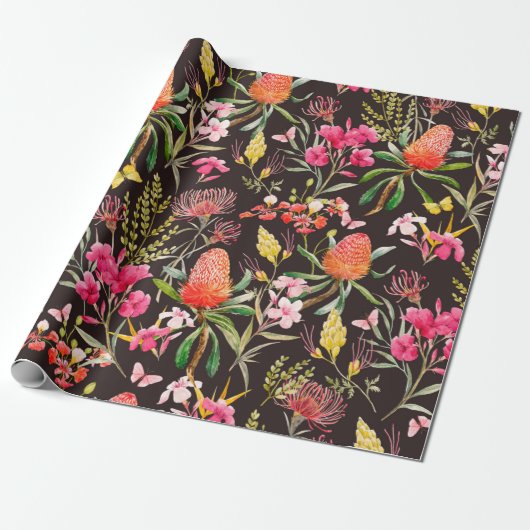 Waterverf tropisch patroon, bloemen, bedwelmen cadeaupapier (Uitgerold)
