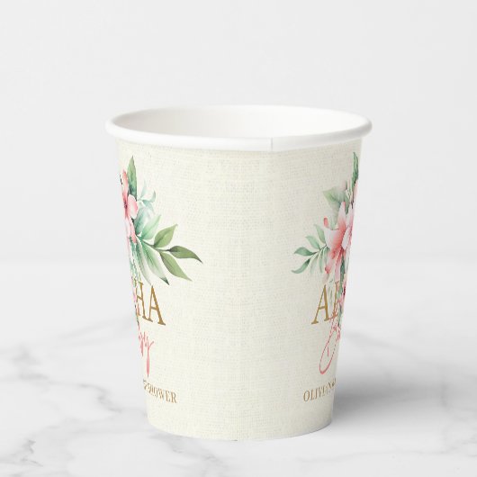 Waterverf Tropisch Roze Bloemen Aloha Baby shower Papieren Bekers (Rechts)