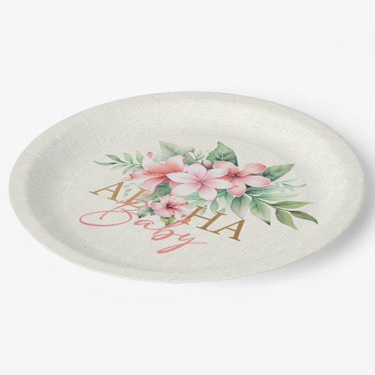 Waterverf Tropisch Roze Bloemen Aloha Baby shower Papieren Bordje (Gekanteld)