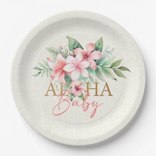 Waterverf Tropisch Roze Bloemen Aloha Baby shower Papieren Bordje (Voorkant)
