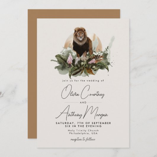 Waterverf Tropisch Safari Oerwoud Lion Wedding Kaart (Voorkant / Achterkant)