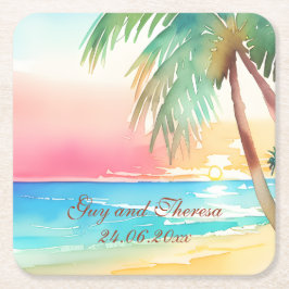 Waterverf Tropisch strand bruiloft Kartonnen Onderzetters