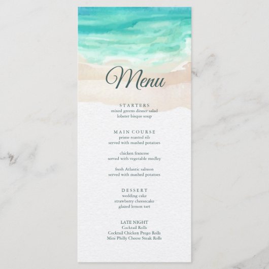 Waterverf Tropisch strand bruiloft Menu (Voorkant)