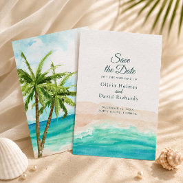 Waterverf Tropisch Strand met Palmbomen Save The Date