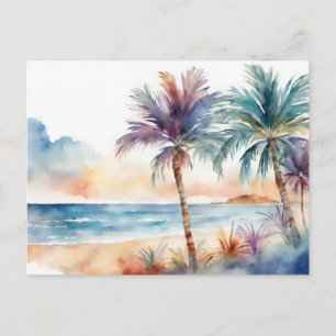 Waterverf Tropisch Strand, Palmbomen Briefkaart