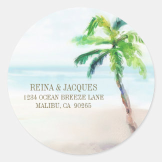 Waterverf Tropisch Strand Palmboom Retouradres Ronde Sticker