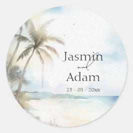 Waterverf Tropisch Strand Palmenboom Bruiloft Ronde Sticker