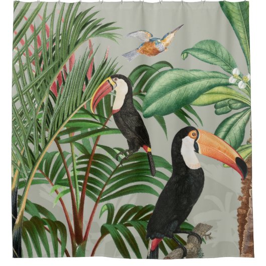 Waterverf Tropisch Woud & Kleurrijke Vogels Douchegordijn (Voorkant)