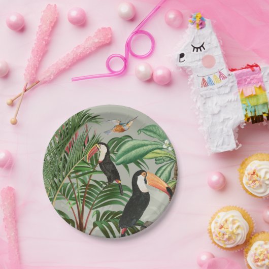 Waterverf Tropisch Woud & Kleurrijke Vogels Papieren Bordje (Feest)