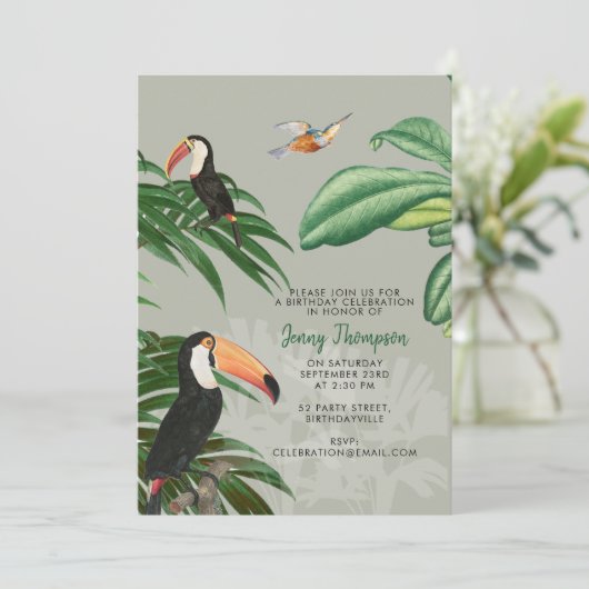 Waterverf Tropisch Woud & Toucan Birds Verjaardag Kaart (Staand voorkant)