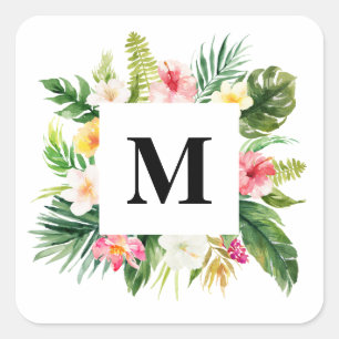 Waterverf Tropische Bladeren & Bloemenkader Monogr Vierkante Sticker