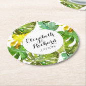 Waterverf Tropische bladeren bruiloft monogram Ronde Kartonnen Onderzetter (Gebogen)