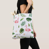 Waterverf Tropische Bladeren en Flamingo Tote Bag (Dichtbij)