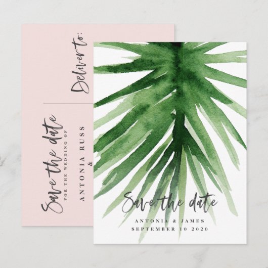 waterverf tropische bladeren en script, behalve de aankondigingskaart (Voorkant / Achterkant)