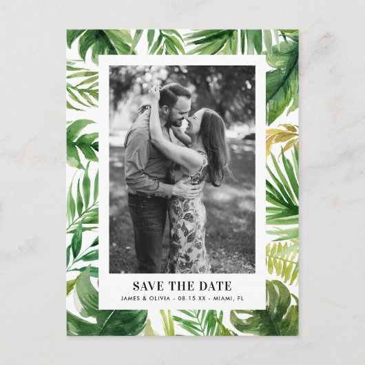 Waterverf Tropische bladeren Foto opslaan Datum Aankondigingskaart (Voorkant)