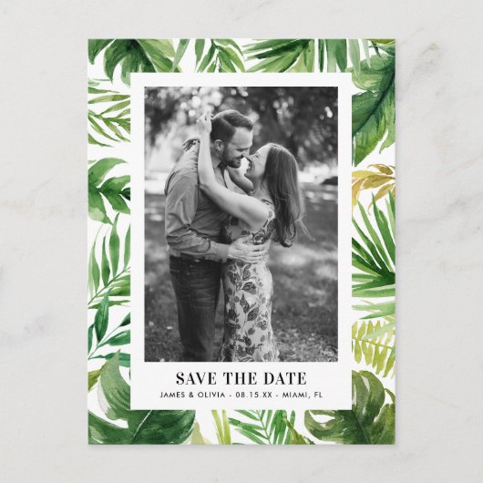 Waterverf Tropische Bladeren Foto Save the Date Aankondigingskaart (Voorkant)