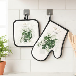 Waterverf Tropische Bladeren Groene Personalized Ovenwant & Pannenlap Set