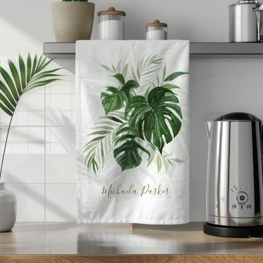 Waterverf Tropische Bladeren Groene Personalized Theedoek