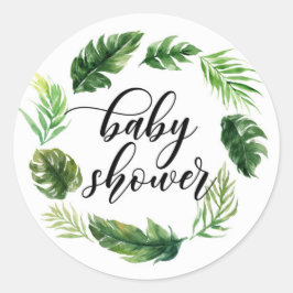 Waterverf Tropische Bladeren Krans Baby Borrel Ronde Sticker