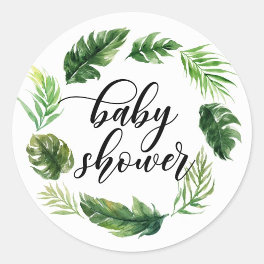 Waterverf Tropische Bladeren Krans Baby Borrel Ronde Sticker (Voorkant)