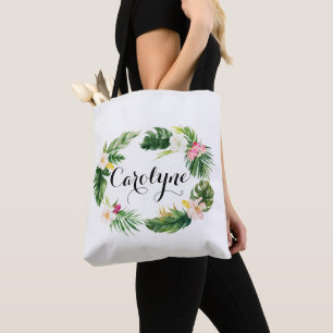 Waterverf Tropische bladeren krans gepersonaliseer Tote Bag