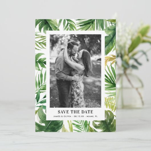 Waterverf Tropische bladeren Lijst Foto Save The Date (Staand voorkant)