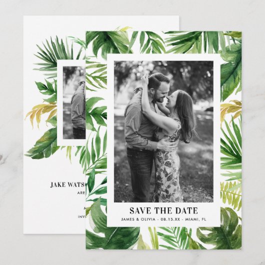 Waterverf Tropische bladeren Lijst Foto Save The Date (Voorkant / Achterkant)