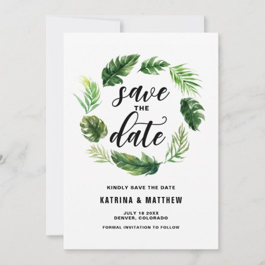 Waterverf Tropische bladeren met grote kans om de  Save The Date (Voorkant)