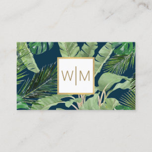 Waterverf Tropische bladeren Monogram Blauw/Wit Visitekaartje