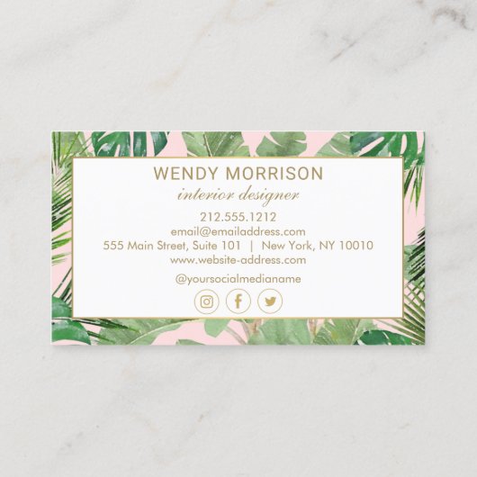 Waterverf Tropische bladeren Monogram Roze/Wit Visitekaartje (Achterkant)