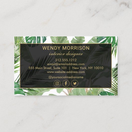 Waterverf Tropische bladeren Monogram Wit/Zwart Visitekaartje (Achterkant)