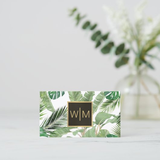Waterverf Tropische bladeren Monogram Wit/Zwart Visitekaartje (Staand voorkant)