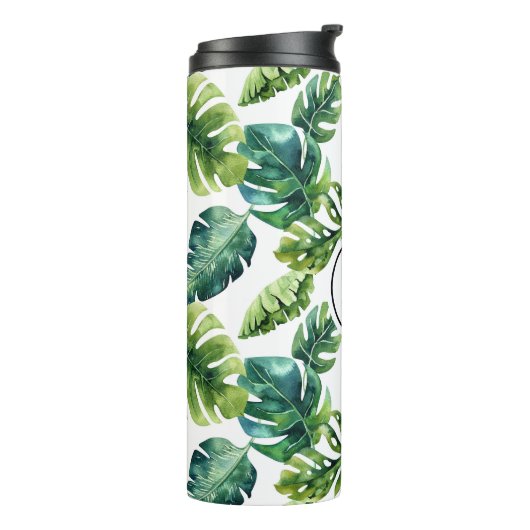 Waterverf Tropische Bladeren Patroon Monogram Thermosbeker (Gedraaid links)