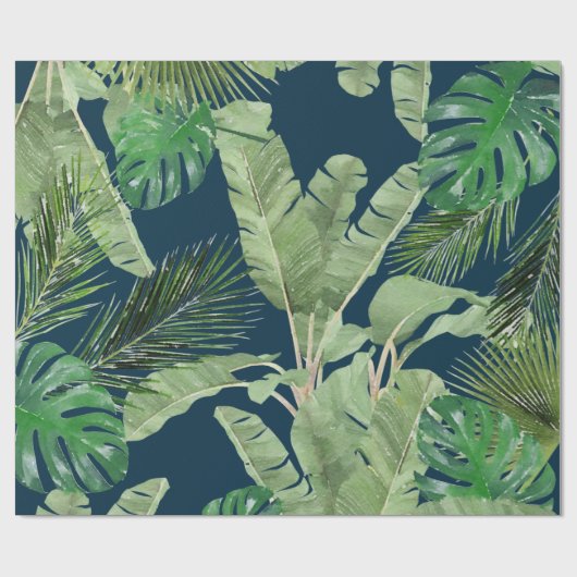 Waterverf Tropische bladeren Patroon op donkerblau Cadeaupapier (Vlak)