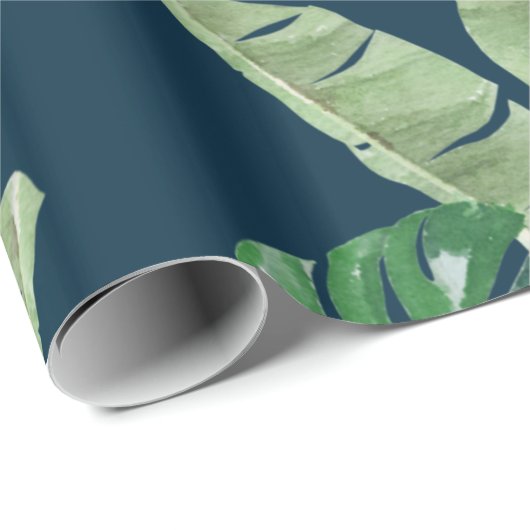 Waterverf Tropische bladeren Patroon op donkerblau Cadeaupapier (Rol Hoek)