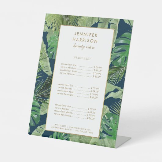 Waterverf Tropische bladeren Patroon op donkerblau Reclamebord Met Voetstuk (Voorkant)