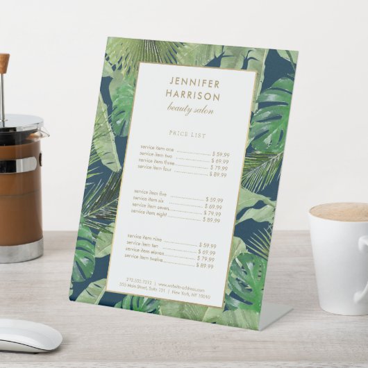 Waterverf Tropische bladeren Patroon op donkerblau Reclamebord Met Voetstuk (Insitu)