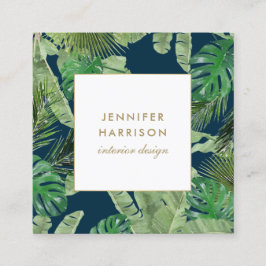 Waterverf Tropische bladeren Patroon op donkerblau Vierkante Visitekaartje