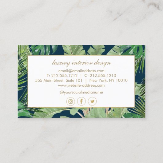 Waterverf Tropische bladeren Patroon op donkerblau Visitekaartje (Achterkant)