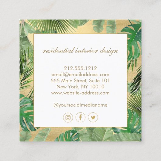 Waterverf Tropische bladeren Patroon op Faux Gold Vierkante Visitekaartje (Achterkant)