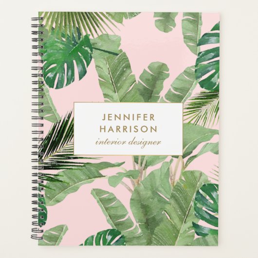 Waterverf Tropische bladeren Patroon op roze Planner (Voorkant)