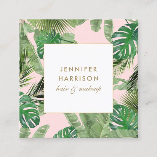 Waterverf Tropische bladeren Patroon op roze Vierkante Visitekaartje (Voorkant)