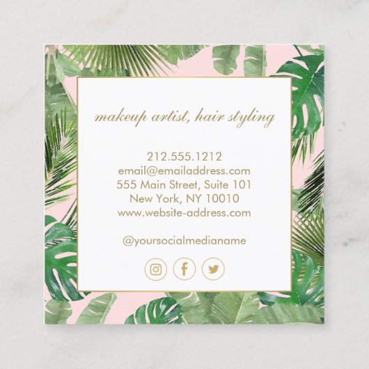 Waterverf Tropische bladeren Patroon op roze Vierkante Visitekaartje (Achterkant)