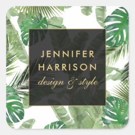 Waterverf Tropische bladeren Patroon op wit Vierkante Sticker