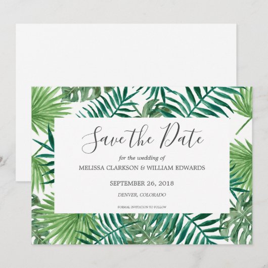 Waterverf tropische bladeren Wedding Save the Date (Voorkant / Achterkant)